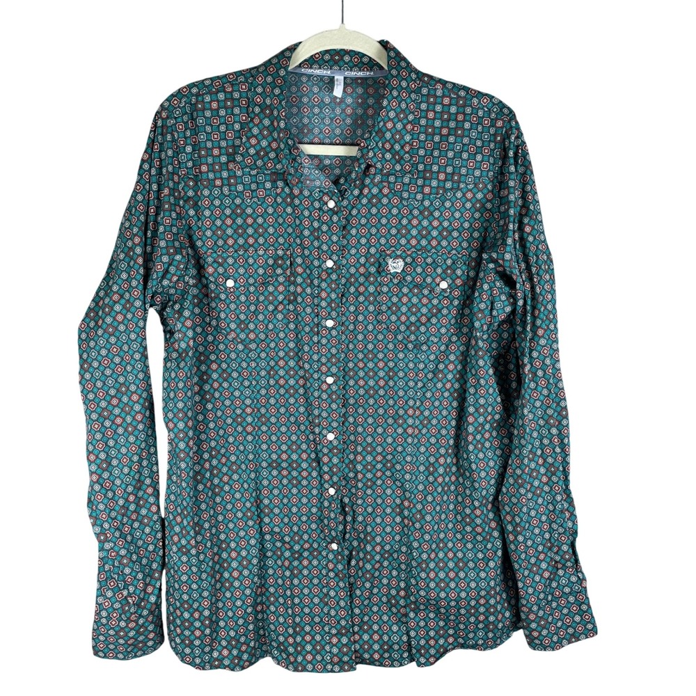 Cinch Button Down Shirt Womens XXL Teal Geometric Medallion Cotton VGUC LS